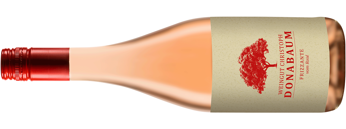 Liegende rosa Weinflasche mit beigem Etikett und rotem Logo darauf Frizzante vom Rose