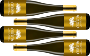 4 wine bottles with golden labels neatly lined up on the side