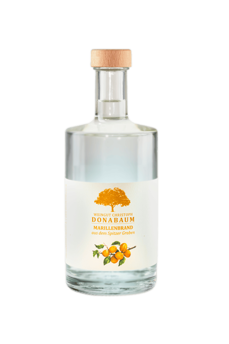 Weiße Flasche mit weißem Etikett und orangenem Logo. Marillenbrand