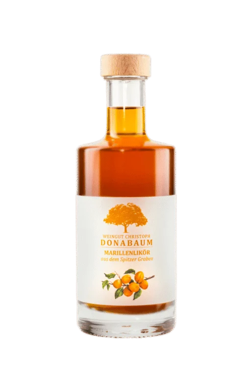 Wei&szlig;e Flasche mit wei&szlig;em Etikett und orangenem Logo. Marillenlik&ouml;r