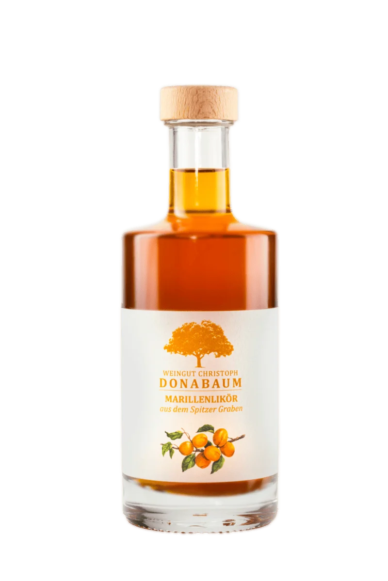 Weiße Flasche mit weißem Etikett und orangenem Logo. Marillenlikör