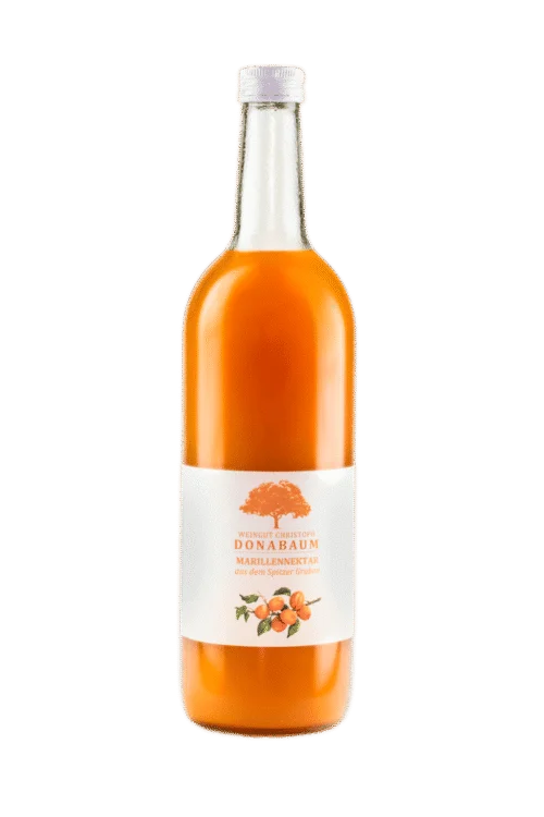 Weiße Flasche mit weißem Etikett und orangenem Logo. Marillennektar