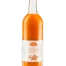 Weiße Flasche mit weißem Etikett und orangenem Logo. Marillennektar