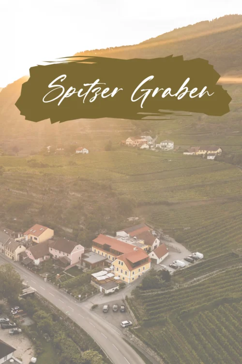 Luftaufnahme Weingut Christoph Donabaum im Spitzer Graben, Schriftzug "Spitzer Graben"